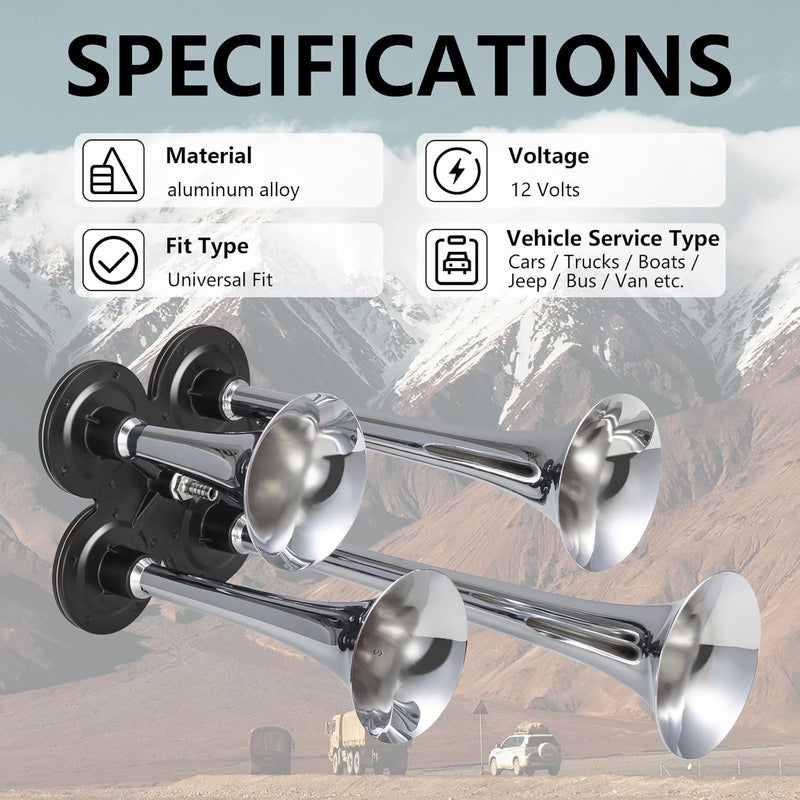 banhao Truck Air Horn 4 Trumpet Train Horns Kit for Truck 180DB Super Loud Air Horns for Pickup SUV Motorhome and Other Vehicles 12V - Image 3
